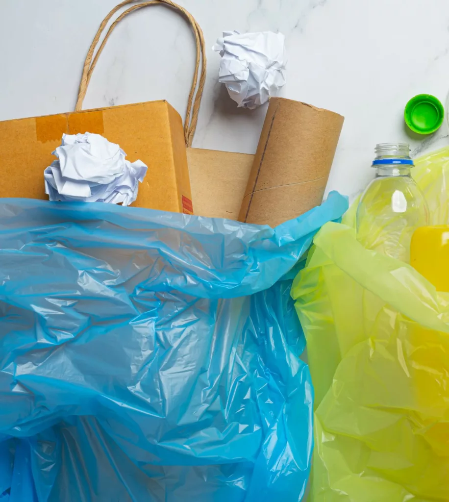 Bin liners with cardboard and plastic bottle