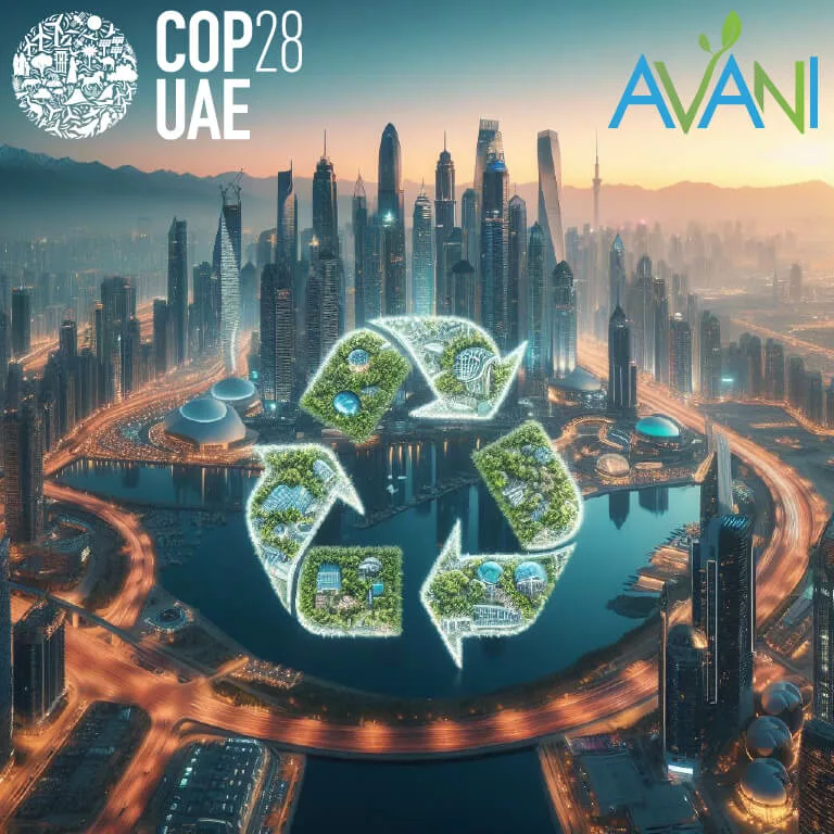 COP28 UAE and AVANI logo with a circular city background